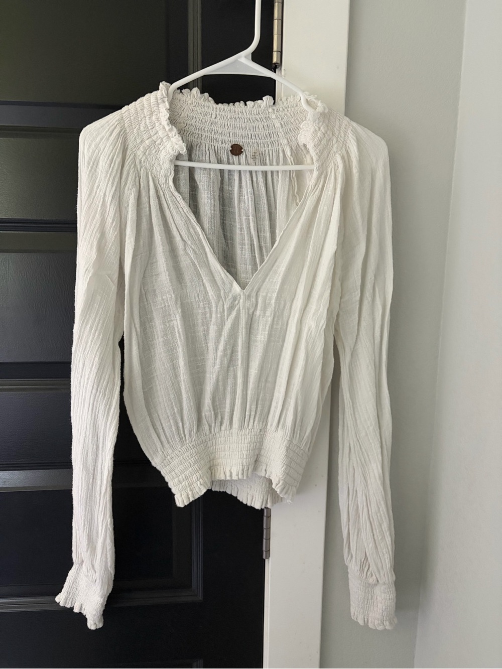 Free People Cream Smocked V-Neck Long Sleeve Blouse